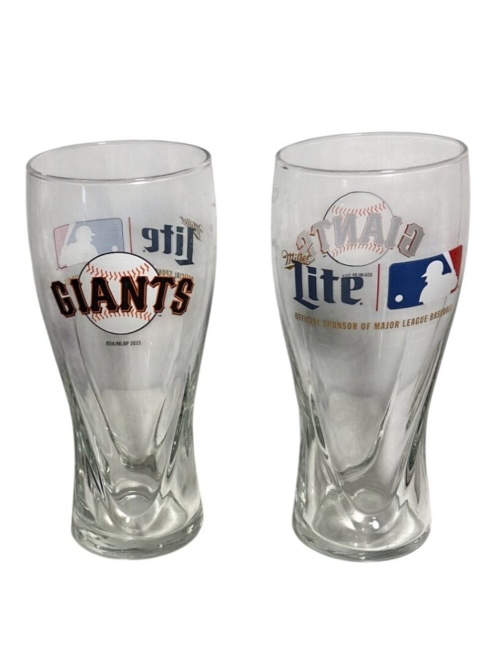 San Francisco Giants Pint Glasses Miller Lite Beer 7" MLB Baseball 2015 Lot of 2